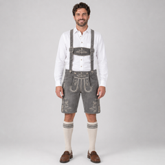 Edelweiss Embroidered Men's Bavarian Lederhosen - Grey - Side Buttons - image 1