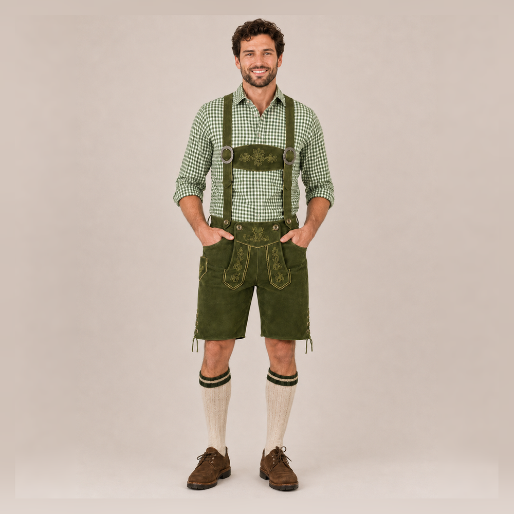 Oak Leaf Embroidered Men's Bavarian Lederhosen - Green - Side Lacing