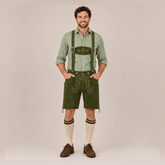 Oak Leaf Embroidered Men's Bavarian Lederhosen - Green - Side Lacing