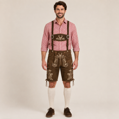 Stag Embroidered Men's Bavarian Lederhosen - Rustic Brown - Side Lacing - image 1