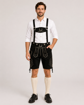 Stag Embroidered Men's Bavarian Lederhosen - Black - Side Lacing - image 1