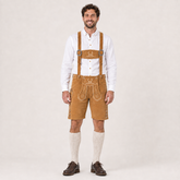 Stag Embroidered Men's Bavarian Lederhosen - Tan/Beige - Side Buttons - image 1