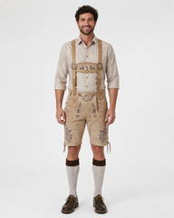 Edelweiss Embroidered Men's Bavarian Lederhosen - Tan/Beige - Side Lacing - image 1