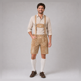 Stag Embroidered Men's Bavarian Lederhosen - Tan/Beige - Side Lacing