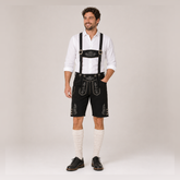 Oak Leaf Embroidered Men's Bavarian Lederhosen - Black - Side Buttons