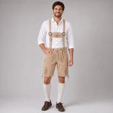 Stag Embroidered Men's Bavarian Lederhosen - Tan/Beige - Side Lacing - image 1