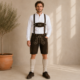 Stag Embroidered Men's Bavarian Lederhosen - Rustic Brown - Side Buttons