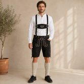 Stag Embroidered Men's Bavarian Lederhosen - Black - Side Buttons - image 1