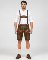 Oak Leaf Embroidered Men's Bavarian Lederhosen - Rustic Brown - Side Buttons - image 1