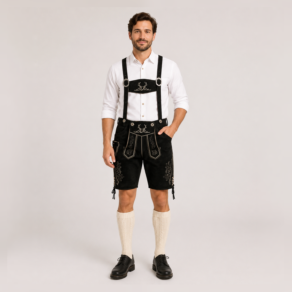 Stag Embroidered Men's Bavarian Lederhosen - Black - Side Lacing