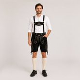 Stag Embroidered Men's Bavarian Lederhosen - Black - Side Lacing