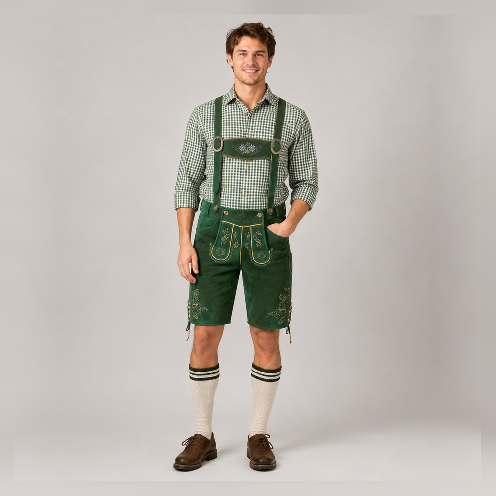 Edelweiss Embroidered Men's Bavarian Lederhosen - Green - Side Lacing