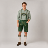 Edelweiss Embroidered Men's Bavarian Lederhosen - Green - Side Lacing