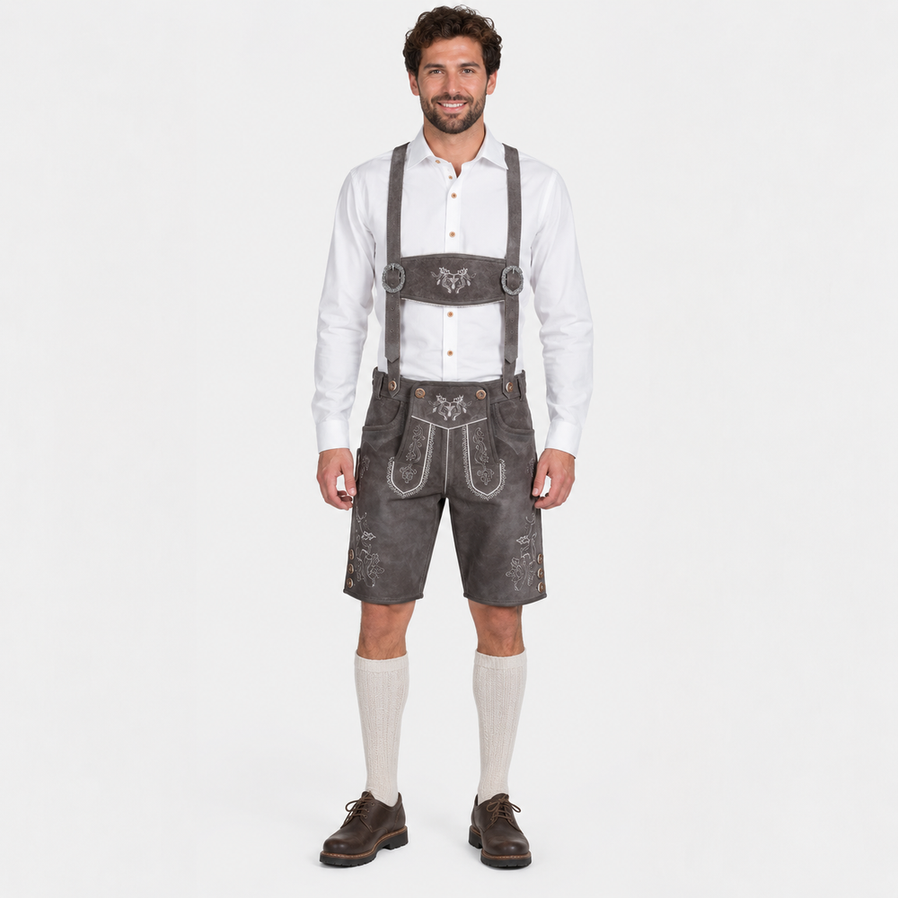 Stag Embroidered Men's Bavarian Lederhosen - Grey - Side Buttons - image 1