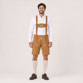 Stag Embroidered Men's Bavarian Lederhosen - Tan/Beige - Side Buttons