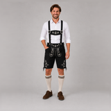 Edelweiss Embroidered Men's Bavarian Lederhosen - Black - Side Lacing