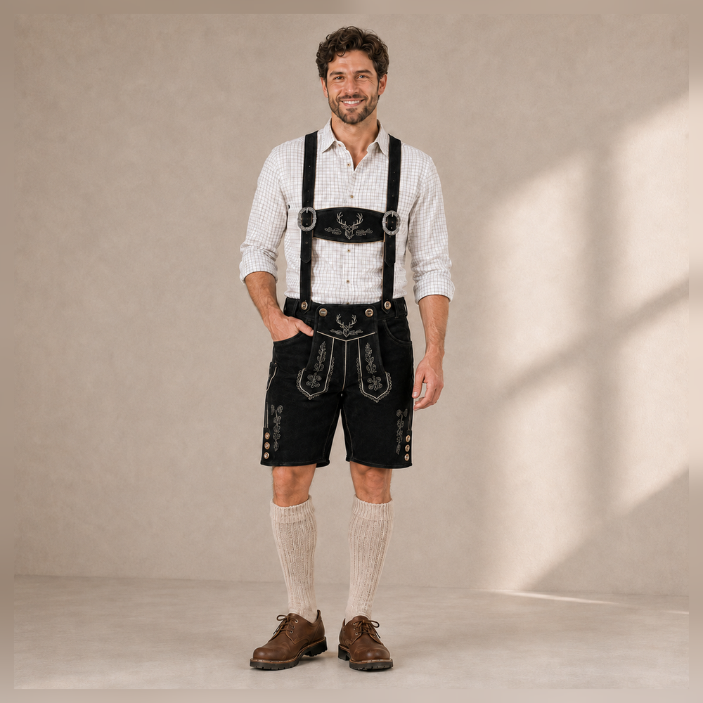 Stag Embroidered Men's Bavarian Lederhosen - Black - Side Buttons