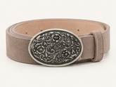Men's Light Taupe Suede Bavarian Lederhosen Belt - Antique Silver Floral Scroll Buckle - product image 1