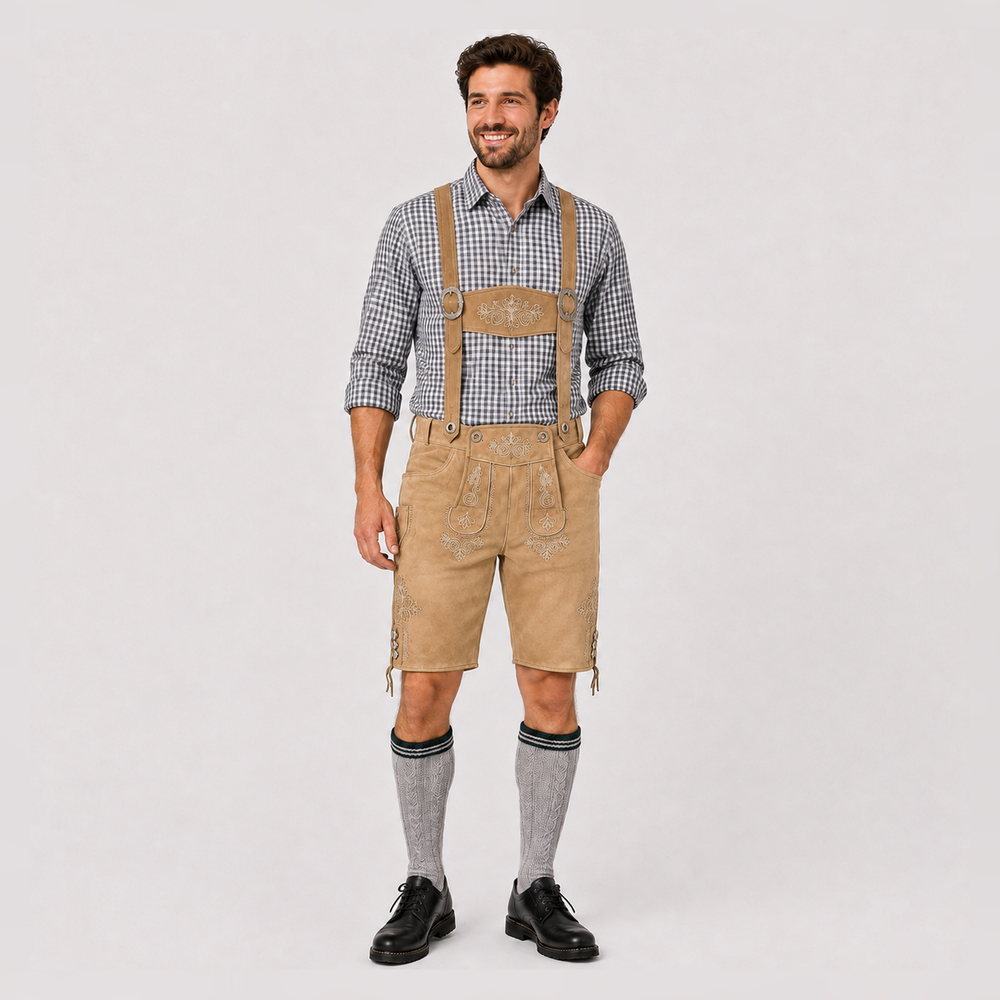 Oak Leaf Embroidered Men's Bavarian Lederhosen - Tan/Beige - Side Lacing