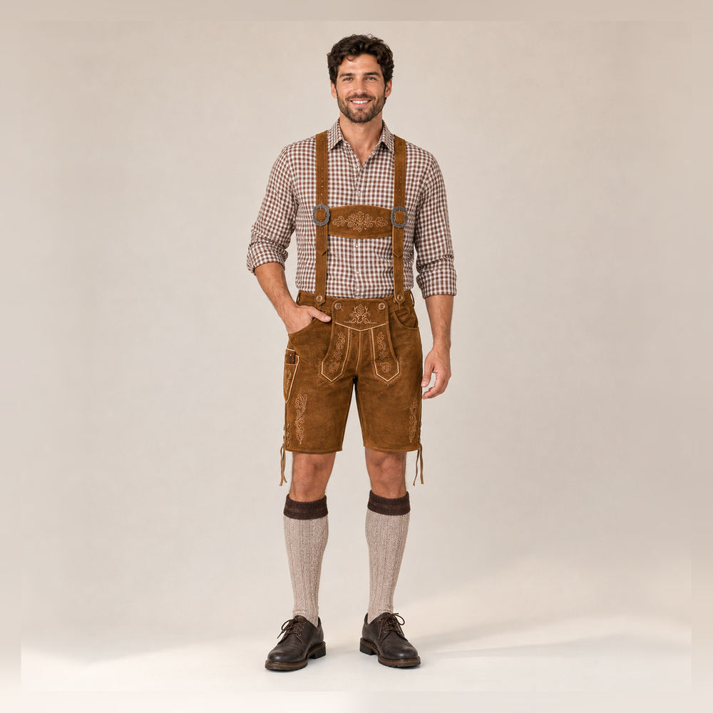 Oak Leaf Embroidered Men's Bavarian Lederhosen - Rustic Brown - Side Lacing