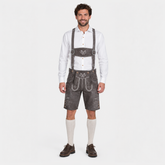 Stag Embroidered Men's Bavarian Lederhosen - Grey - Side Buttons