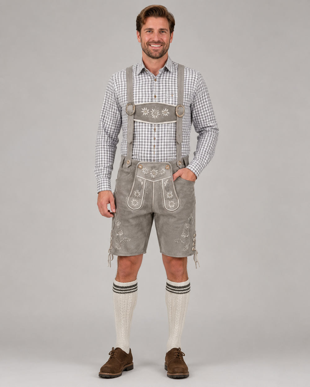 Edelweiss Embroidered Men's Bavarian Lederhosen - Grey - Side Lacing - image 1