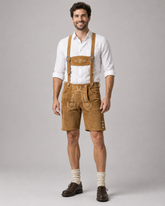 Oak Leaf Embroidered Men's Bavarian Lederhosen - Tan/Beige - Side Buttons - image 1