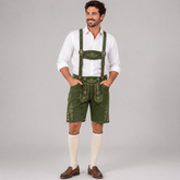 Oak Leaf Embroidered Men's Bavarian Lederhosen - Green - Side Buttons - image 1
