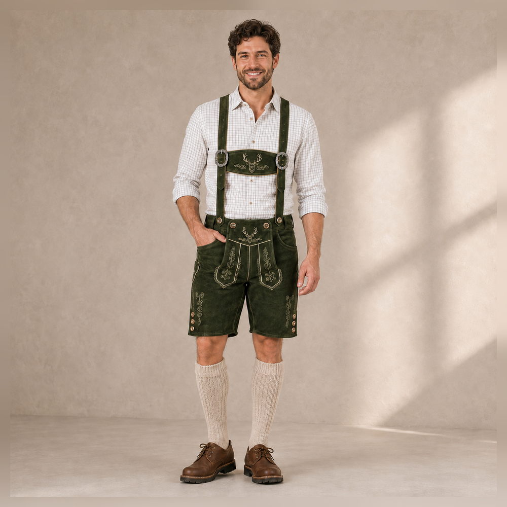 Stag Embroidered Men's Bavarian Lederhosen - Green - Side Buttons