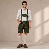 Stag Embroidered Men's Bavarian Lederhosen - Green - Side Buttons - image 1