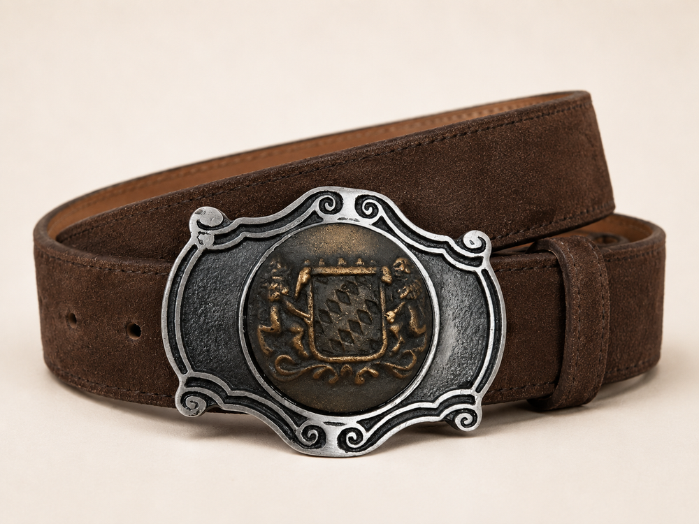 Men's Dark Brown Suede Bavarian Lederhosen Belt - Two-Tone Bavarian Lion Shield Buckle - product image 2