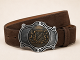 Men's Dark Brown Suede Bavarian Lederhosen Belt - Two-Tone Bavarian Lion Shield Buckle - product image 2