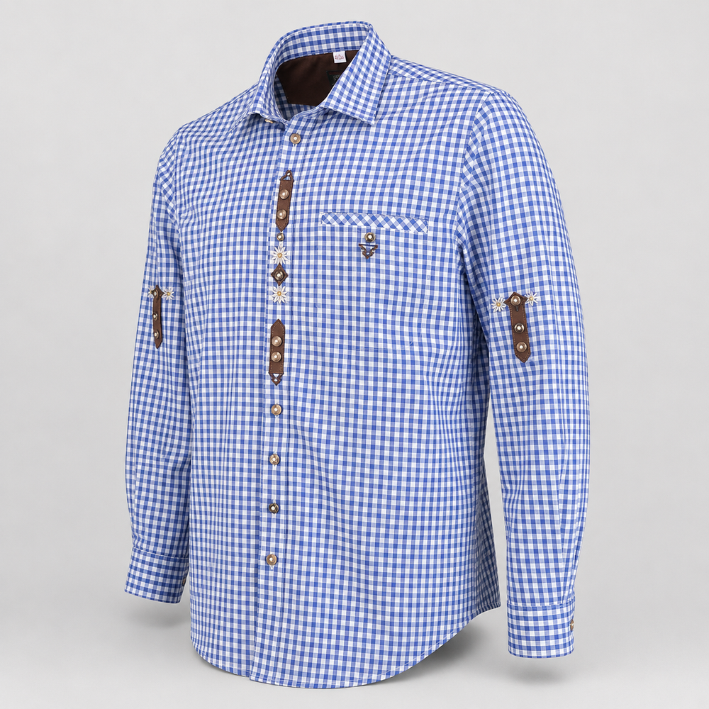 Men's Blue & White Checkered Bavarian Oktoberfest Shirt - Roll-Up Sleeve - image 2
