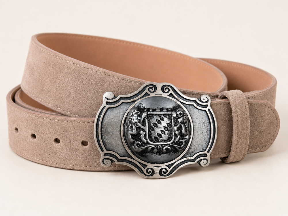 Men's Light Taupe Suede Bavarian Lederhosen Belt - Antique Silver Bavarian Lion Shield Buckle - product image 2