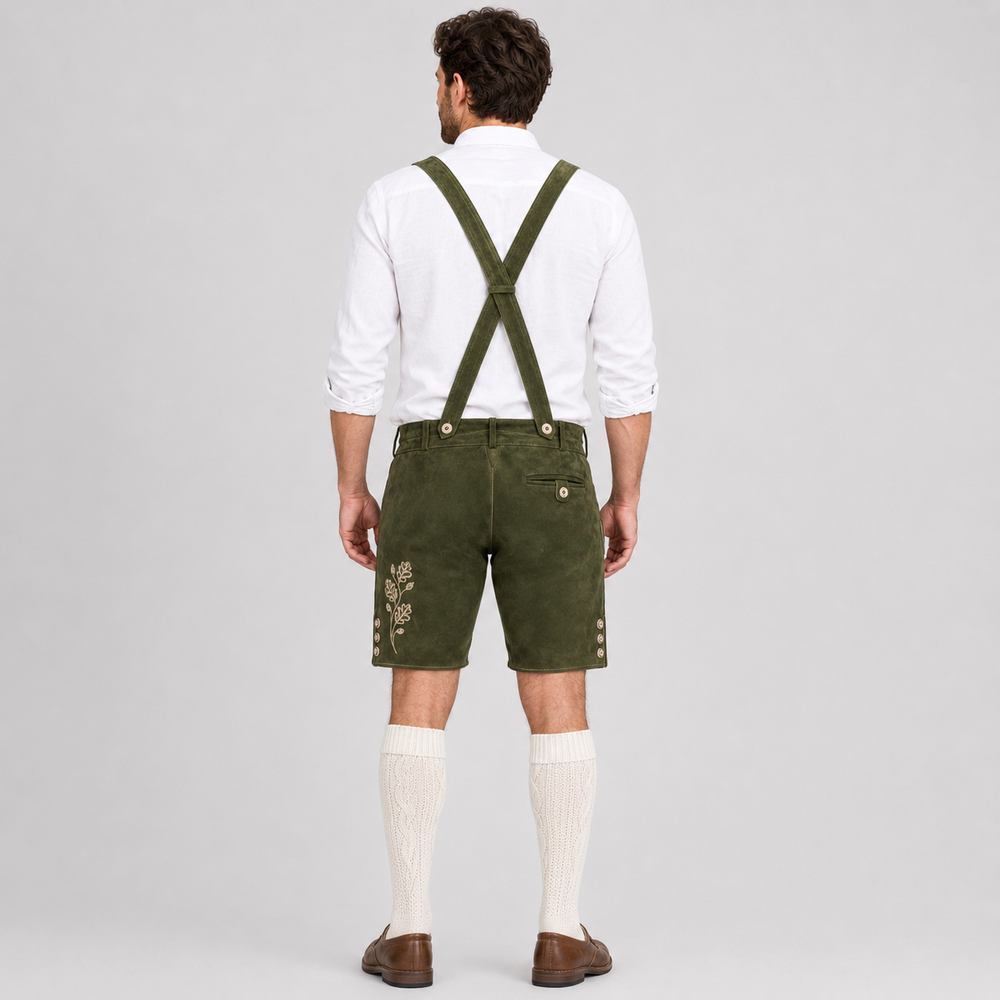 Oak Leaf Embroidered Men's Bavarian Lederhosen - Green - Side Buttons - image 2