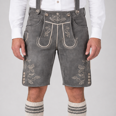 Edelweiss Embroidered Men's Bavarian Lederhosen - Grey - Side Buttons - image 2