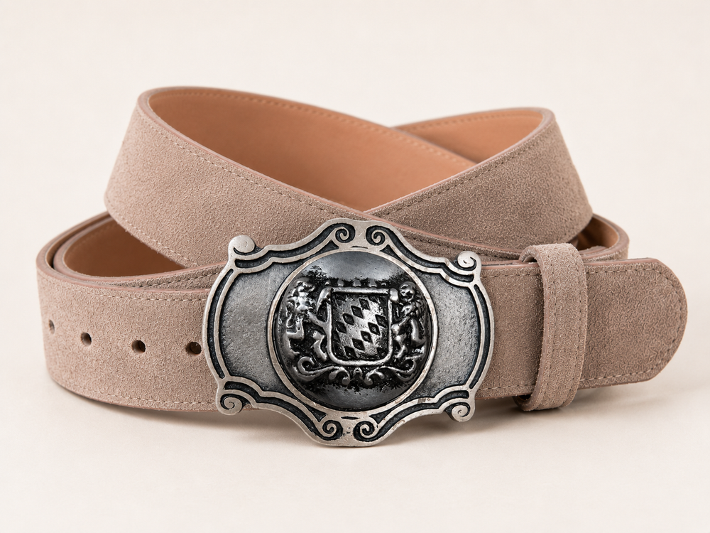 Men's Light Taupe Suede Bavarian Lederhosen Belt - Antique Silver Bavarian Lion Shield Buckle - product image 3
