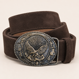 Men's Dark Brown Suede Bavarian Lederhosen Belt - Alpine Eagle Relief Buckle - product image 3