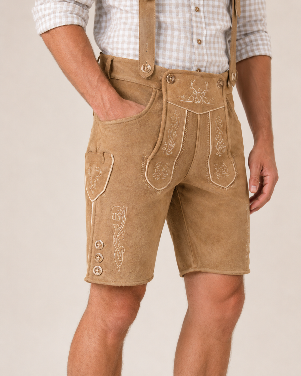 Edelweiss Embroidered Men's Bavarian Lederhosen - Tan/Beige - Side Buttons - image 3