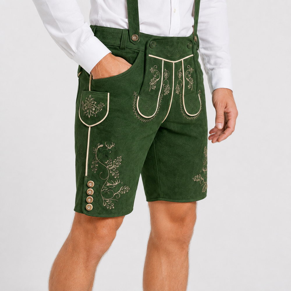 Edelweiss Embroidered Men's Bavarian Lederhosen - Green - Side Buttons - image 3