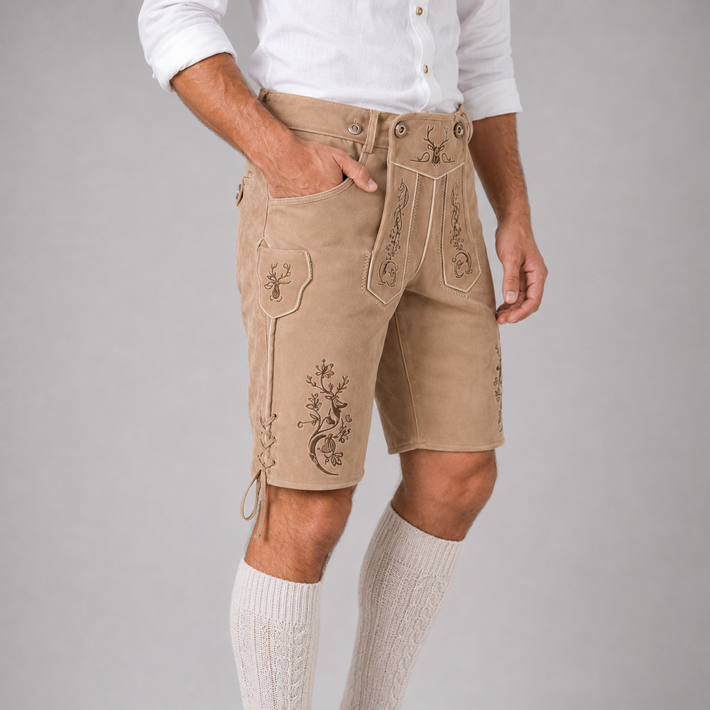 Stag Embroidered Men's Bavarian Lederhosen - Tan/Beige - Side Lacing - image 4