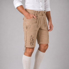 Stag Embroidered Men's Bavarian Lederhosen - Tan/Beige - Side Lacing - image 4