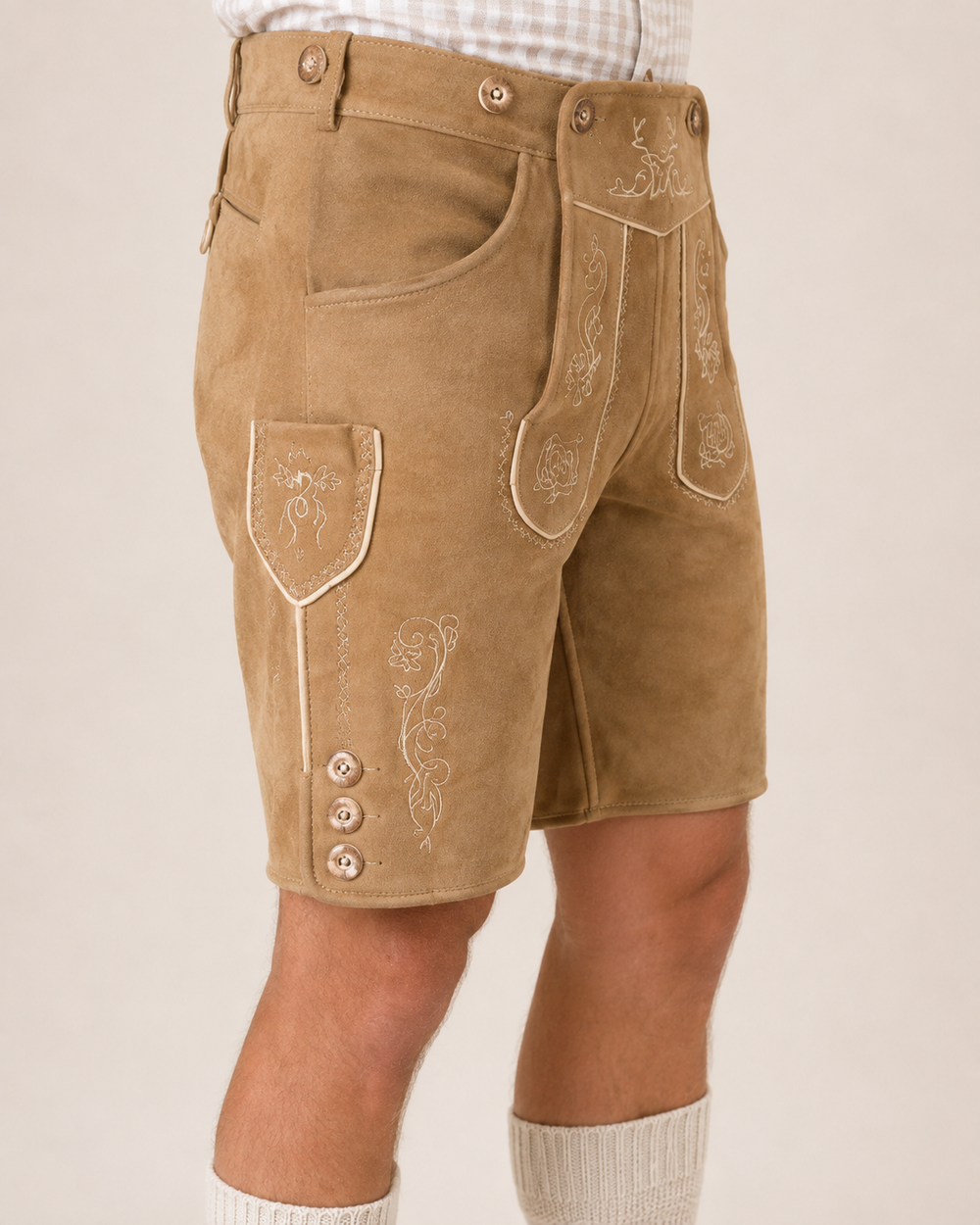 Edelweiss Embroidered Men's Bavarian Lederhosen - Tan/Beige - Side Buttons - product image 4