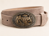 Men's Light Taupe Suede Bavarian Lederhosen Belt - Crowned Bavarian Lion Crest Oval Buckle - product image 1