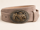 Men's Light Taupe Suede Bavarian Lederhosen Belt - Crowned Bavarian Lion Crest Oval Buckle - product image 1