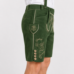 Edelweiss Embroidered Men's Bavarian Lederhosen - Green - Side Buttons - image 4