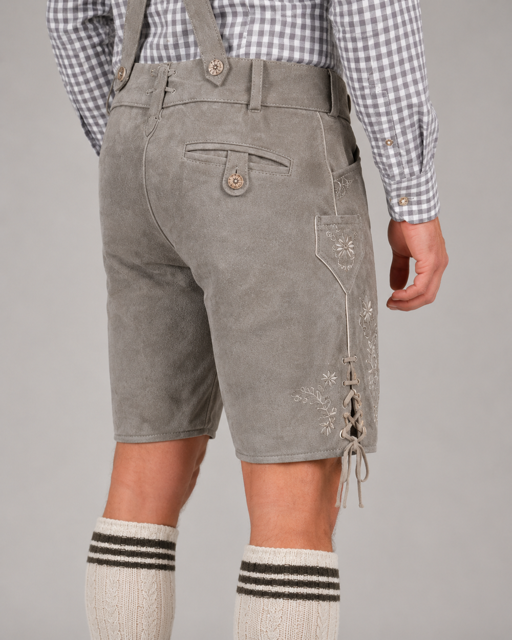 Edelweiss Embroidered Men's Bavarian Lederhosen - Grey - Side Lacing - image 4