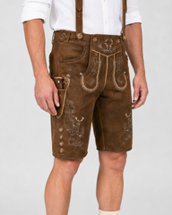 Oak Leaf Embroidered Men's Bavarian Lederhosen - Rustic Brown - Side Buttons - image 4