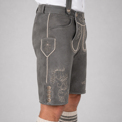 Edelweiss Embroidered Men's Bavarian Lederhosen - Grey - Side Buttons - image 4
