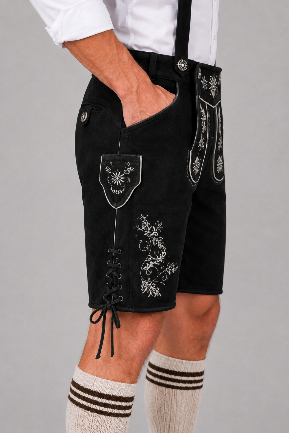 Edelweiss Embroidered Men's Bavarian Lederhosen - Black - Side Lacing - product image 4